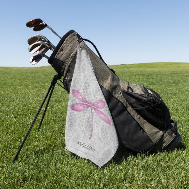 Magenta Dragonfly Damask Golf Towel (Green)