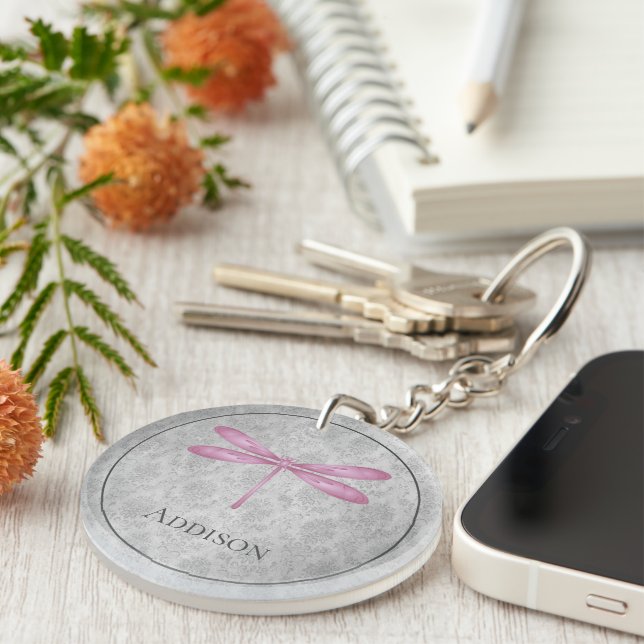 Magenta Dragonfly Damask Keychain (Front Right)