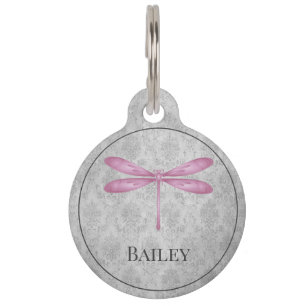 Magenta Dragonfly Damask Round Pet Tag