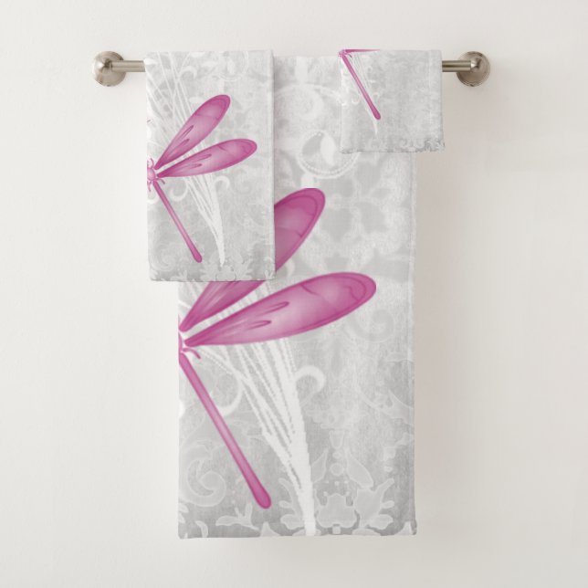 Magenta Dragonfly Personalized Bath Towel Set (Insitu)