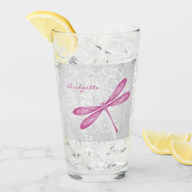 Magenta Dragonfly Personalized Glass Cup (Front Ice)