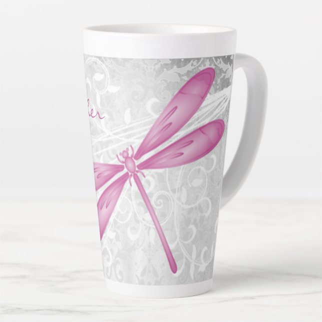 Magenta Dragonfly Personalized Latte Mug (Right Angle)
