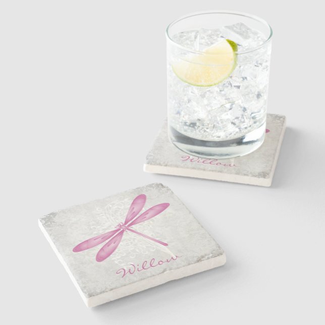 Magenta Dragonfly Personalized Stone Coaster (Side)
