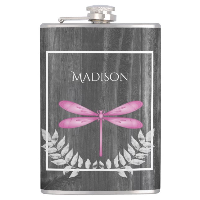 Magenta Dragonfly Rustic Flask (Front)