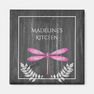 Magenta Dragonfly Rustic Magnet