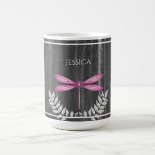 Magenta Dragonfly Rustic Personalized Coffee Mug