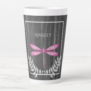 Magenta Dragonfly Rustic Personalized Latte Mug