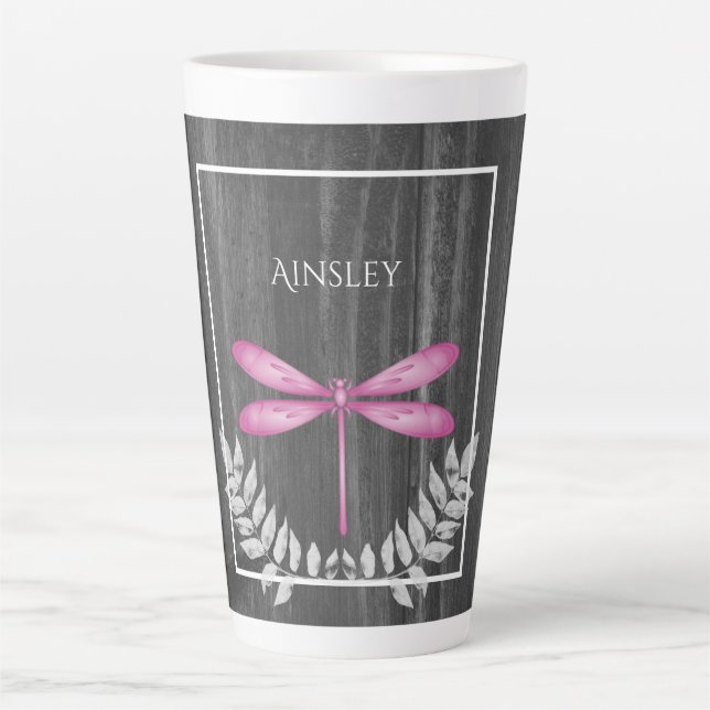 Magenta Dragonfly Rustic Personalized Latte Mug (Front)