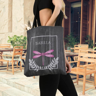 Magenta Dragonfly Rustic Personalized Tote Bag