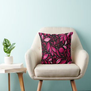 Magenta Dream-Cool Red & Pink on  Black Botanical Throw Pillow