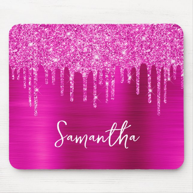 Magenta Dripping Glitter Glam Name Mouse Pad (Front)