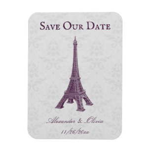 Magenta Eiffel Tower Damask Save The Date Magnet
