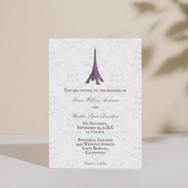 Magenta Eiffel Tower Damask Wedding Invitation (Magenta Eiffel Tower Damask Wedding Invitation)