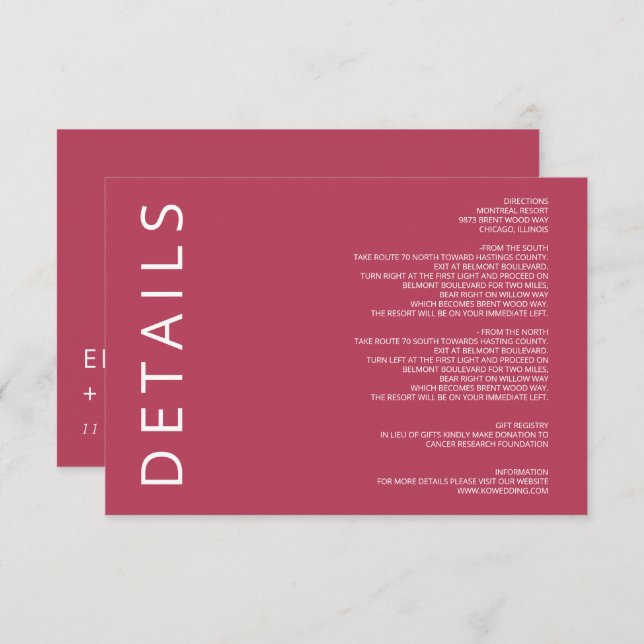 Magenta Elegant Modern Minimalist Wedding Enclosure Card (Front/Back)