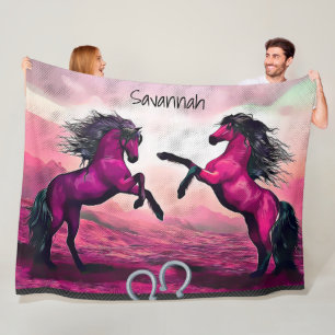 Magenta Fantasy Horses in Cartoon Dot Fleece Blanket