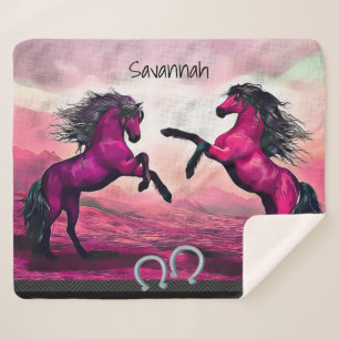 Magenta Fantasy Horses in Cartoon Dot  Sherpa Blanket