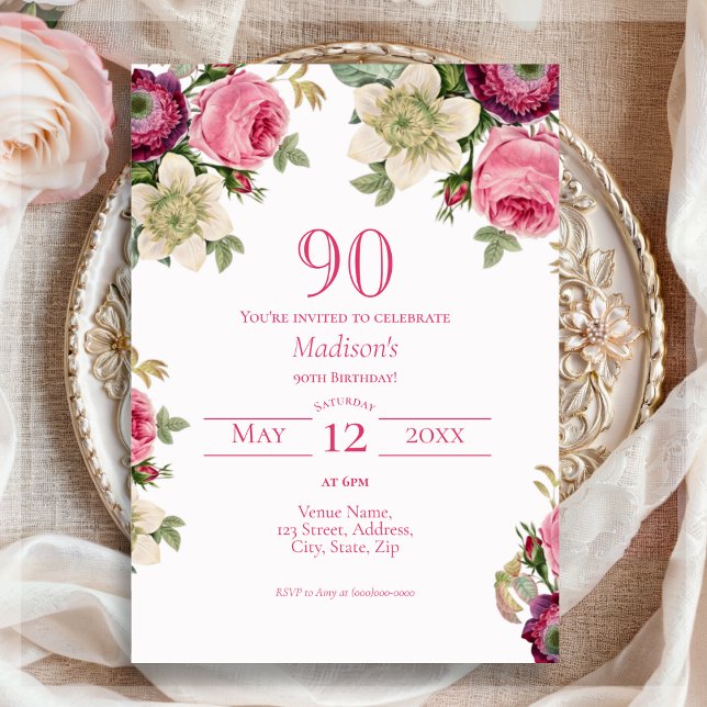 Magenta Floral 90e anniversaire Invitation (Créateur téléchargé)