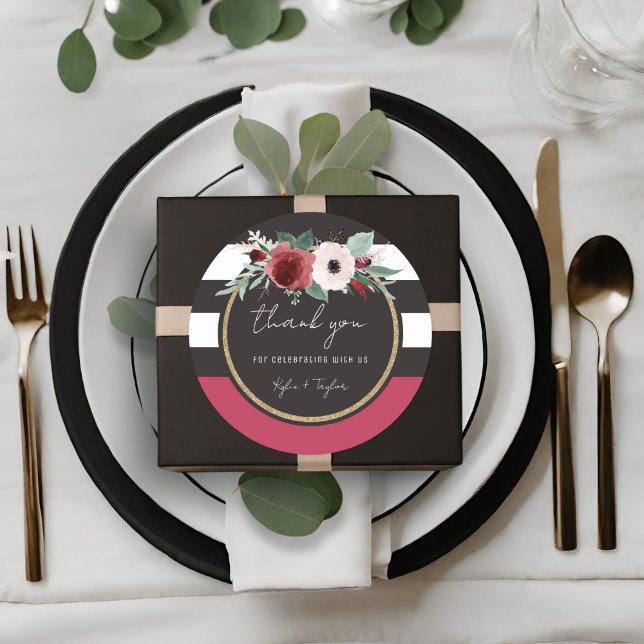 Magenta Floral Black Stripe Couples Names Wedding Classic Round Sticker (Creator Uploaded)
