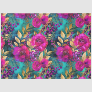 Magenta Floral Gold Leaves and Teal Botanical Tissue Paper