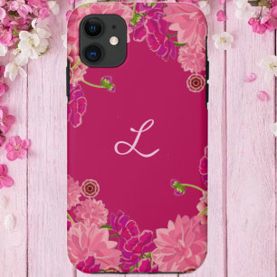 Magenta floral initial  iPhone 15 case