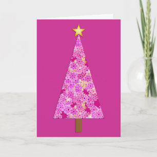 Magenta floral modern Christmas tree Holiday Card