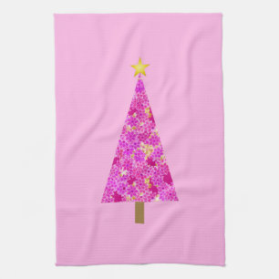 Magenta floral modern Christmas tree Kitchen Towel