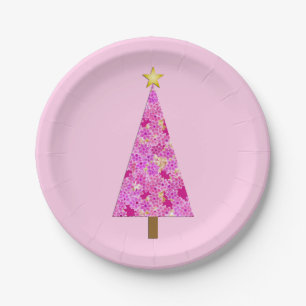Magenta floral modern Christmas tree Paper Plate