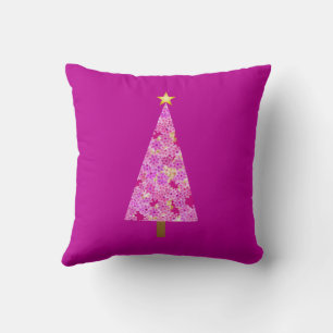 Magenta floral modern Christmas tree Throw Pillow