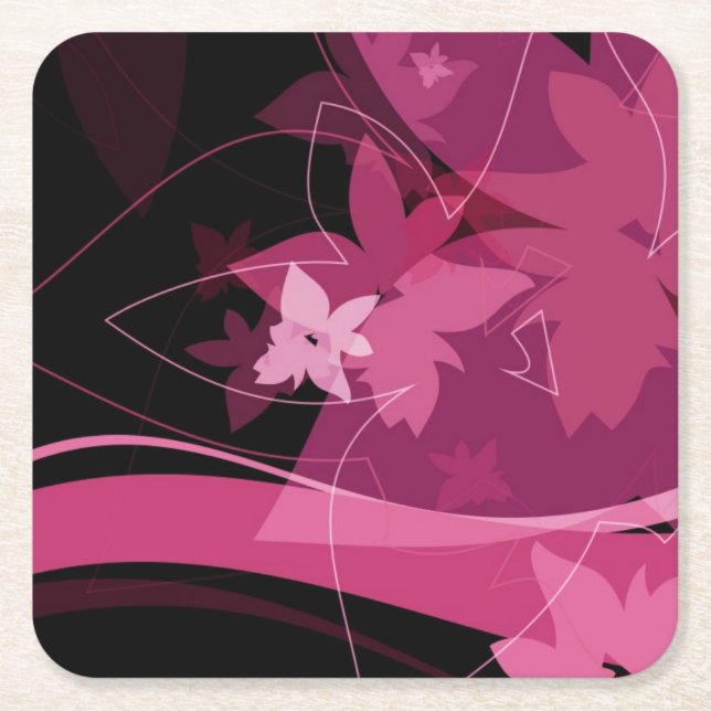 Magenta Floral Pattern Square Paper Coaster (Front)