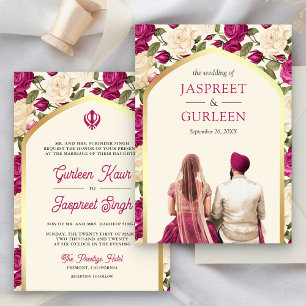 Magenta Floral Punjabi Anand Karaj Sikh Wedding Invitation