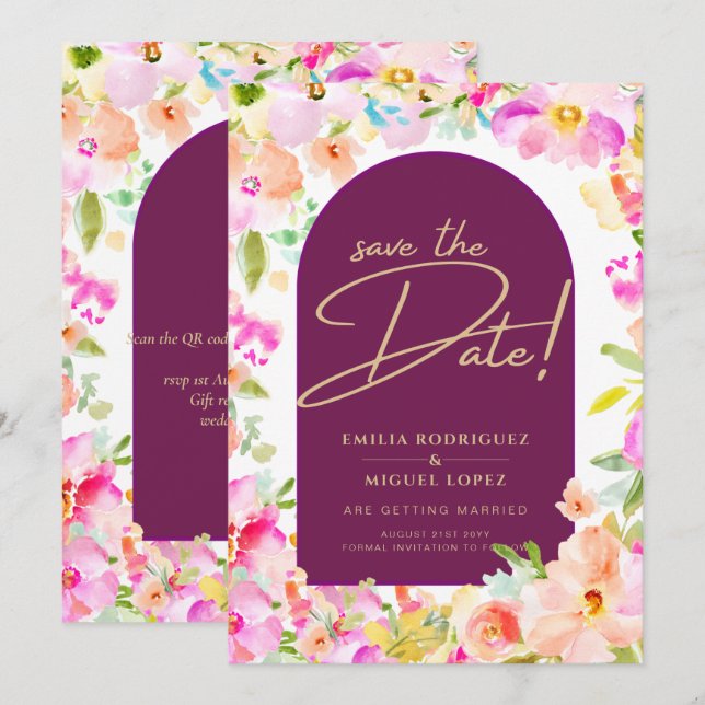 Magenta Floral Wedding Invitation (Front/Back)
