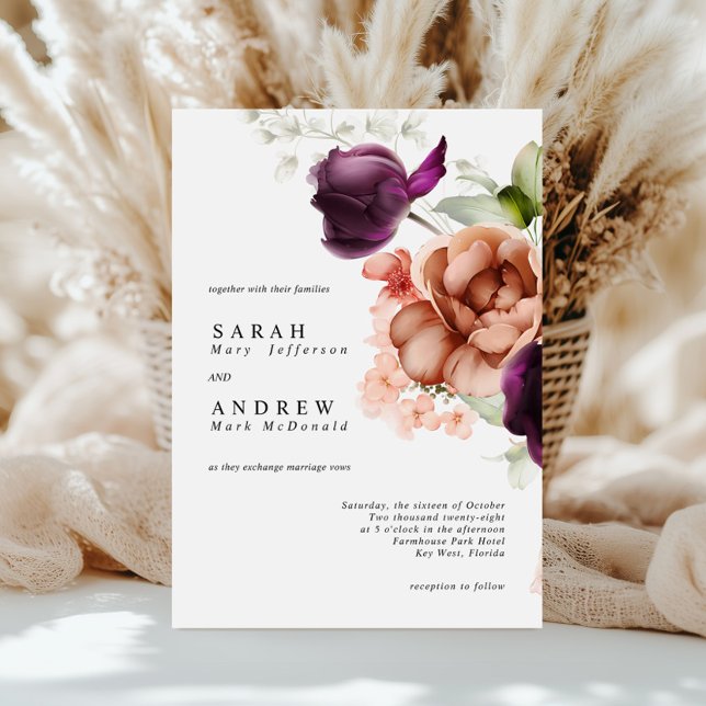Magenta Flowers Modern Minimal Wedding Invitation (Creator Uploaded)