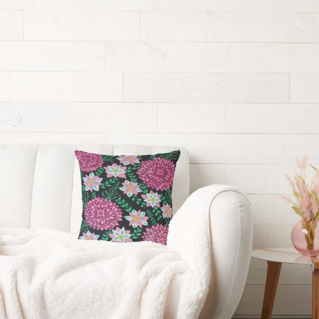 Magenta Flowers on Black Throw Pillow (Couch)