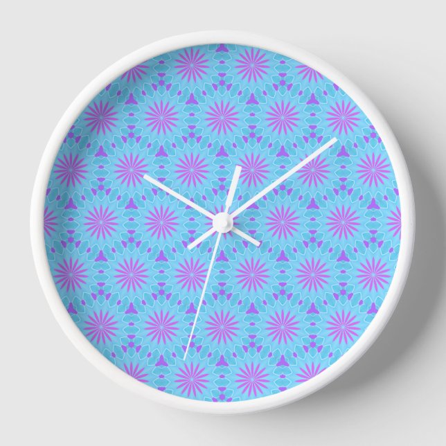 Magenta Flowers with Sky Blue and Purple Shape Clock (Front)
