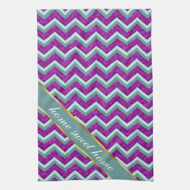 Magenta Foil and Teal ZigZag Pattern Kitchen Towel (Vertical)