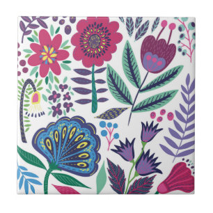 Magenta Folk Art Floral Pattern Tile