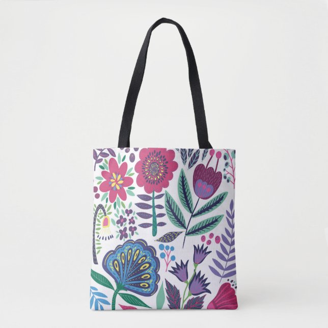 Magenta Folk Art Floral Pattern Tote Bag (Front)