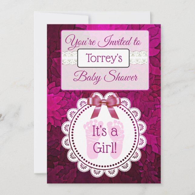 Magenta Footprints Girl's  Baby Shower Invitation (Front)