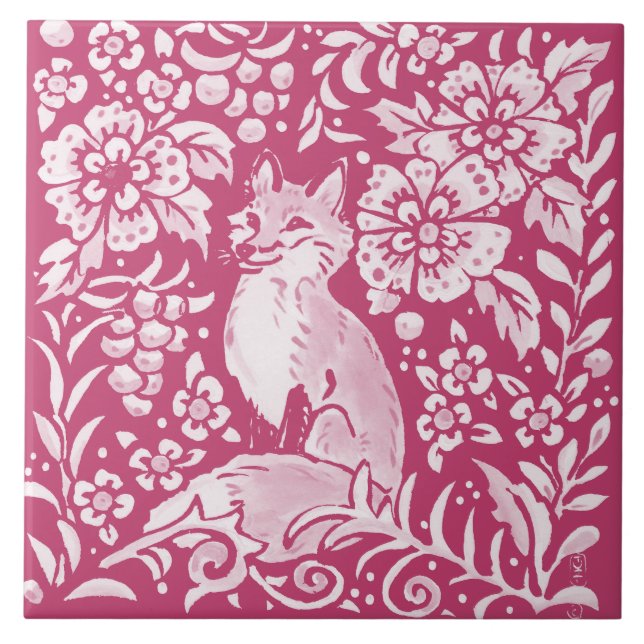 Magenta Fox Animal Nature Woodland Floral Tile (Front)