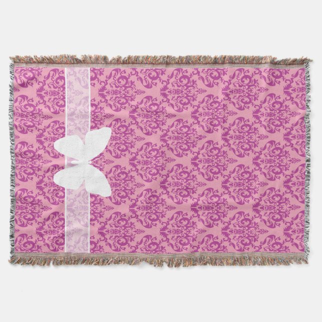 Magenta Frosted Orchid Damask with Butterfly Throw Blanket (Front)