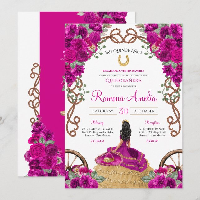 Magenta Fuchsia Hot Pink Floral Charro Quinceañera Invitation (Front/Back)