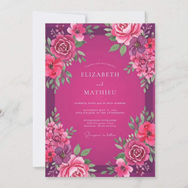 Magenta Fuchsia Peony Wedding Invitation (Front)