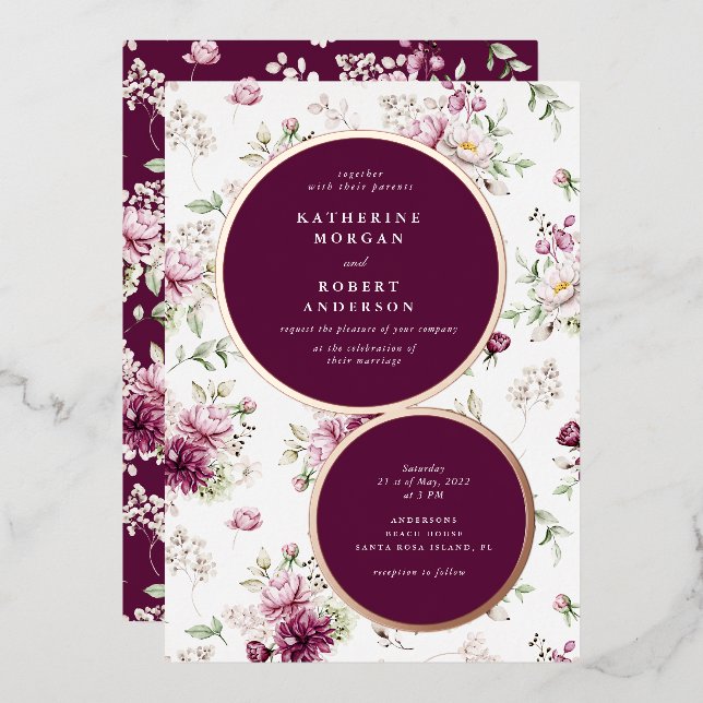 magenta garden floral wedding invitation (Front/Back)