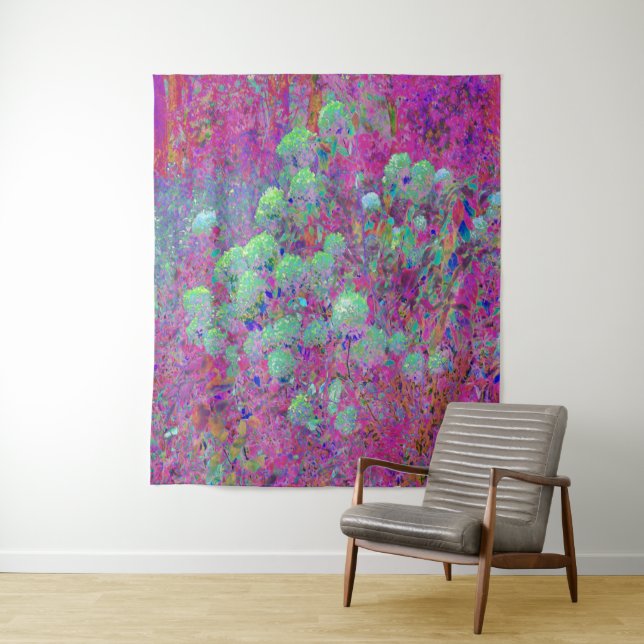 Magenta Garden with Aqua Hydrangea Flowers Tapestry (In Situ)