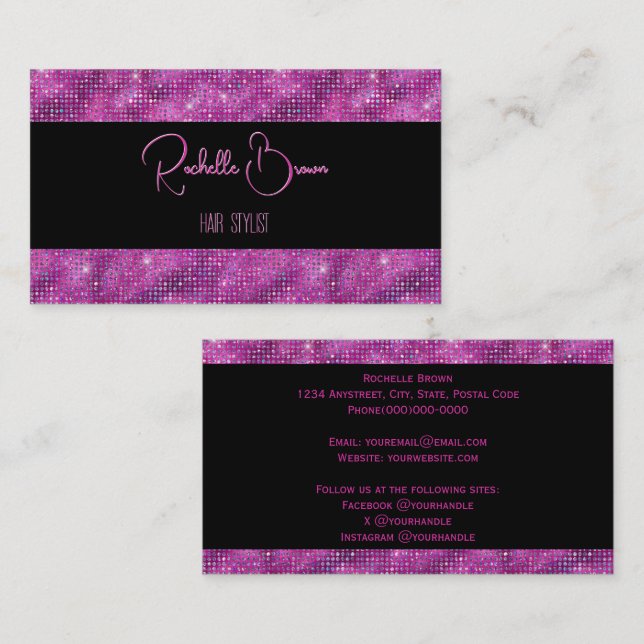 Magenta Glitter and Black Business Card (Front/Back)