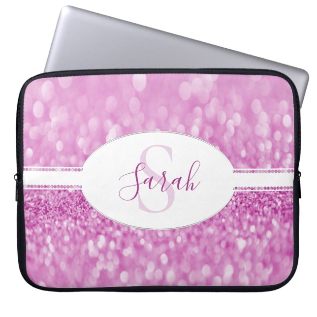 Magenta Glitter Personalize Laptop Sleeve (Front)