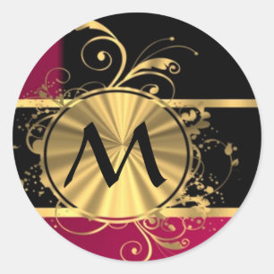 Magenta gold and black monogram classic round sticker