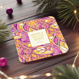 Magenta Gold Christmas Merry Pattern#21 ID1009 Square Paper Coaster