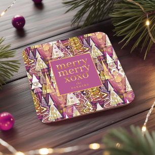 Magenta Gold Christmas Merry Pattern#25 ID1009 Square Paper Coaster