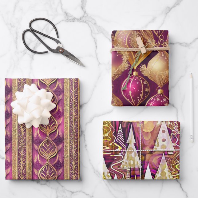 Magenta Gold Christmas Patterns #12#25#27 ID1009 Wrapping Paper Sheet (Front)
